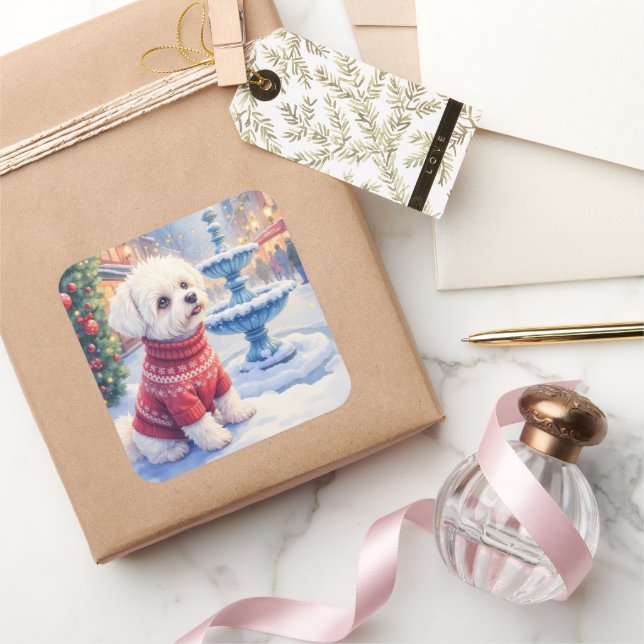 Watercolor Bichon Frise Festive Fountain Christmas Quadratischer Aufkleber (Schenken)