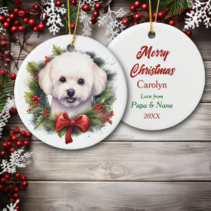 Watercolor Bichon Frise Hund Red Bow Kranz Keramik Ornament