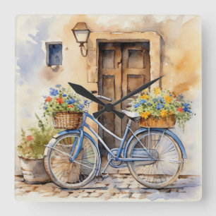 Watercolor Bicycle Art Wall Quadratische Wanduhr