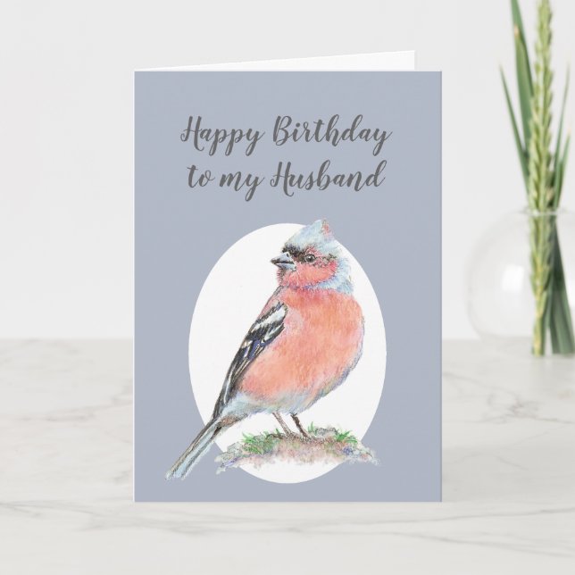 Watercolor Bird Chaffinch, Happy Birthday Husband Karte (Vorderseite)
