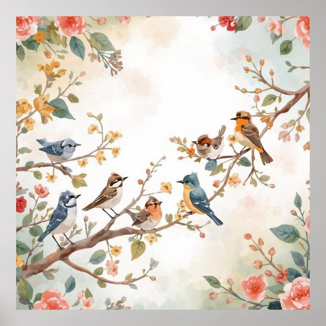 Watercolor Birds in Bloom Poster (Vorne)