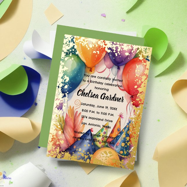 Watercolor Birthday Balloons farbenfrohe Party Hat Folieneinladung (Von Creator hochgeladen)
