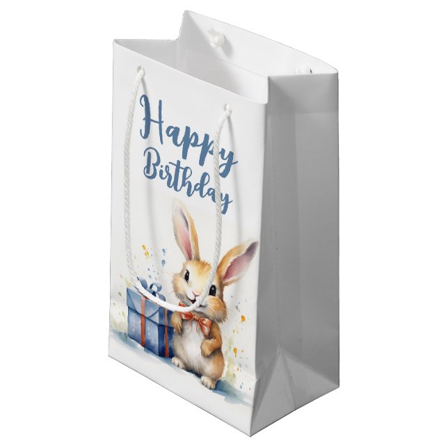 Watercolor Birthday Bunny Kleine Geschenktüte (Vorderseite Schrägansicht)