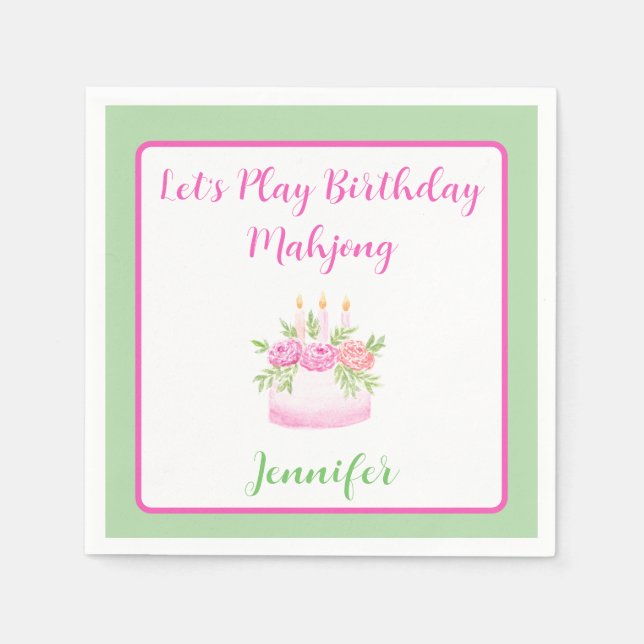 Watercolor Birthday Cake Mahjong PERSONALIZE Green Serviette (Vorderseite)