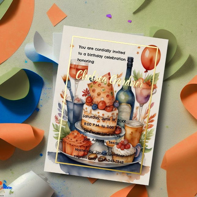 Watercolor Birthday Wine Cake Food Folieneinladung (Von Creator hochgeladen)