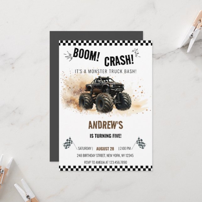 Watercolor Black Boom Crash Monster Truck Bash Einladung (Vorderseite/Rückseite Beispiel)