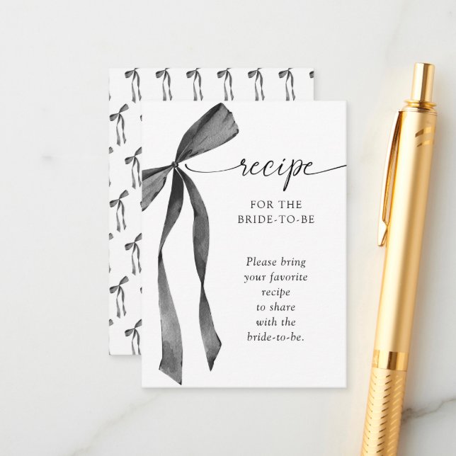 Watercolor Black Coquette Bow Bridal Shower Recipe Begleitkarte (Vorderseite/Rückseite Beispiel)