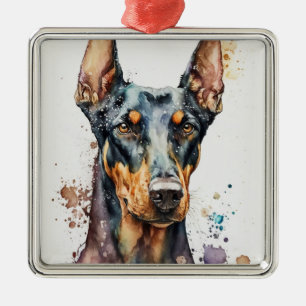 WATERCOLOR BLACK & TAN DOBERMAN PINSCHER DOG ORNAMENT AUS METALL