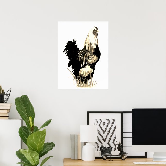 Watercolor Black White Rooster Chicken Farm Bird Poster (Heimbüro)