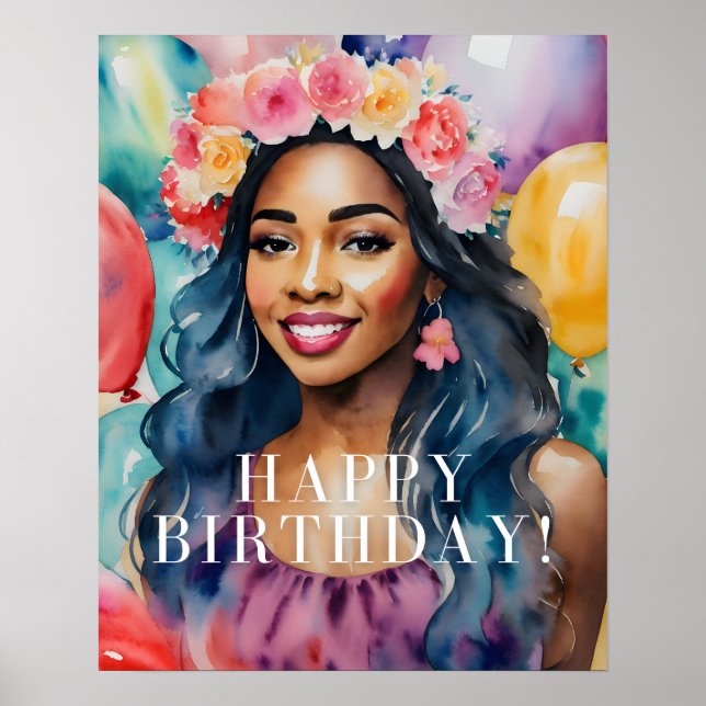 Watercolor Black Woman Colorful Happy Birthday Poster (Vorne)