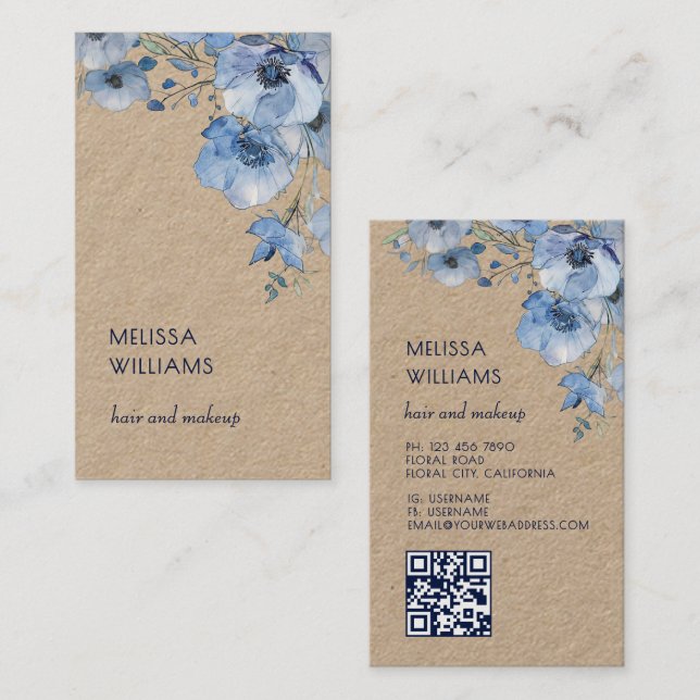 Watercolor Blau Floral | Qr Code Rustikal Visitenkarte (Vorne/Hinten)