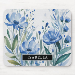 Watercolor Blau Garten Blumen Mauspad