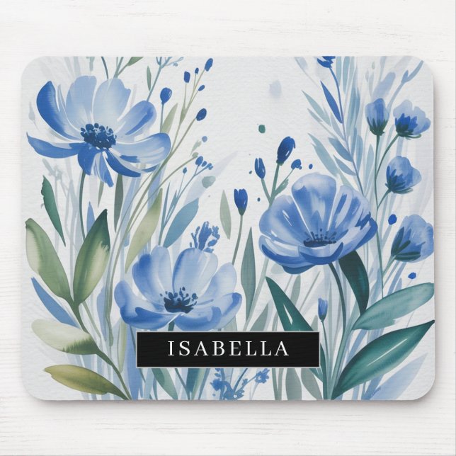 Watercolor Blau Garten Blumen Mauspad (Vorne)