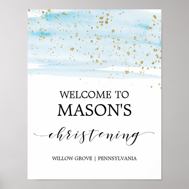 Watercolor Blau & Gold Sparkon Christening Willkom Poster (Vorne)