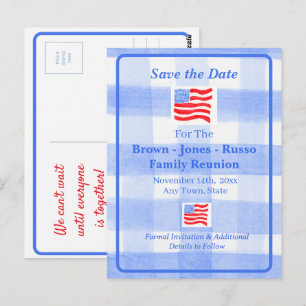 Watercolor Blau Karo USA-Flagge SAVE THE DATE Postkarte