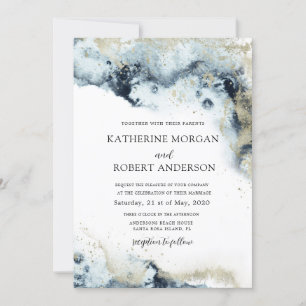 Watercolor Blau und Gold Minimalistische Hochzeit  Einladung