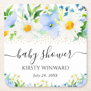Watercolor Blaue Blumen und Gänseblümchen Baby Sho Rechteckiger Pappuntersetzer