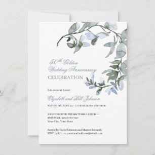 Watercolor Blaues Blumenmuster 50. Hochzeitstag Einladung