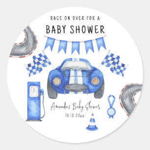 Watercolor Blaues Rennwagen-Baby-Shower Runder Aufkleber