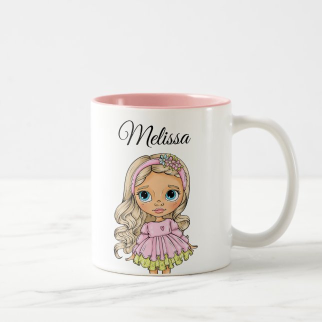 Watercolor Blonde Girl Any Name Zweifarbige Tasse (Rechts)
