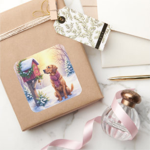 Watercolor-Bloodhound-Landpost-Weihnachten Quadratischer Aufkleber
