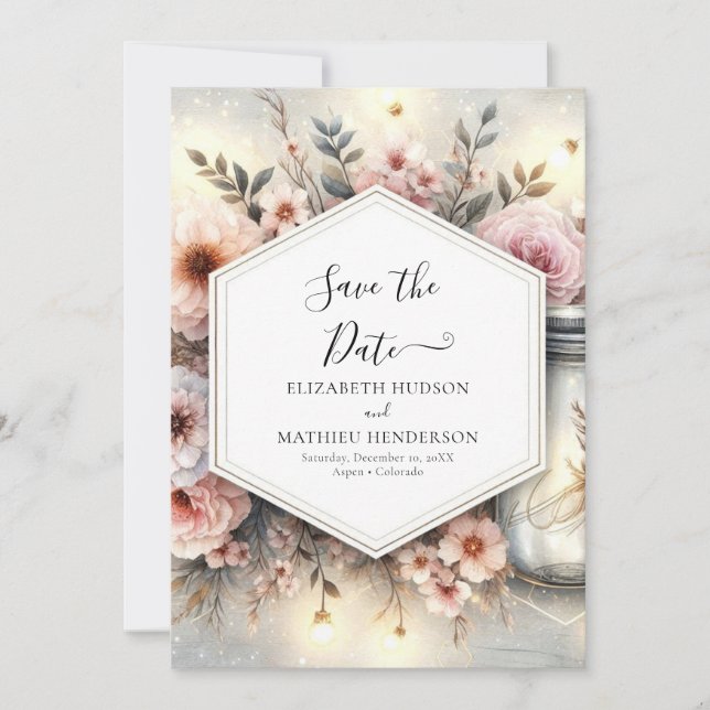 Watercolor Bloom Mason Jar Wedding Save The Date (Vorderseite)