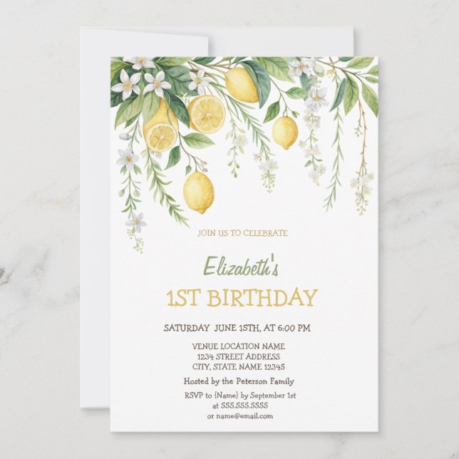 Watercolor Blooming Lemons Birthday  Einladung (Vorderseite)