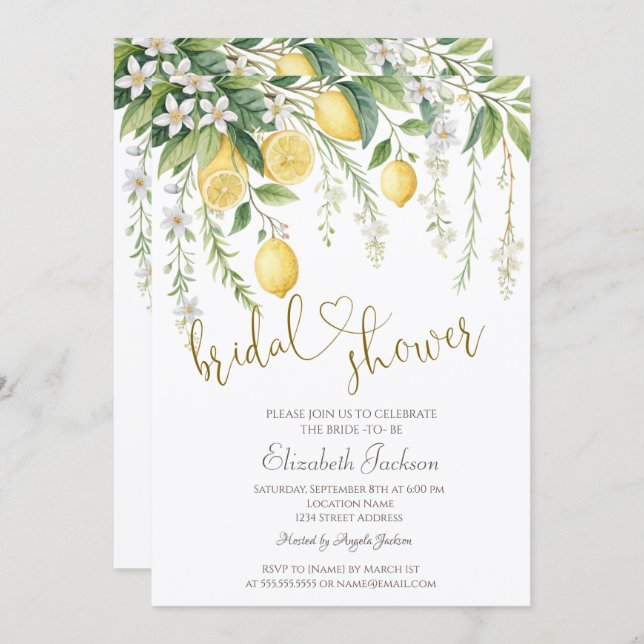  Watercolor Blooming Lemons Bridal Shower  Einladung (Vorne/Hinten)