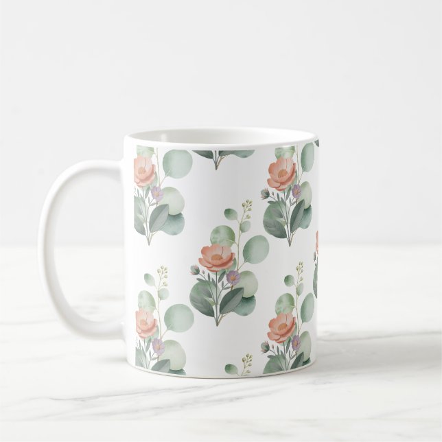 Watercolor Blooms and Eucalyptus Botanical Pattern Kaffeetasse (Links)
