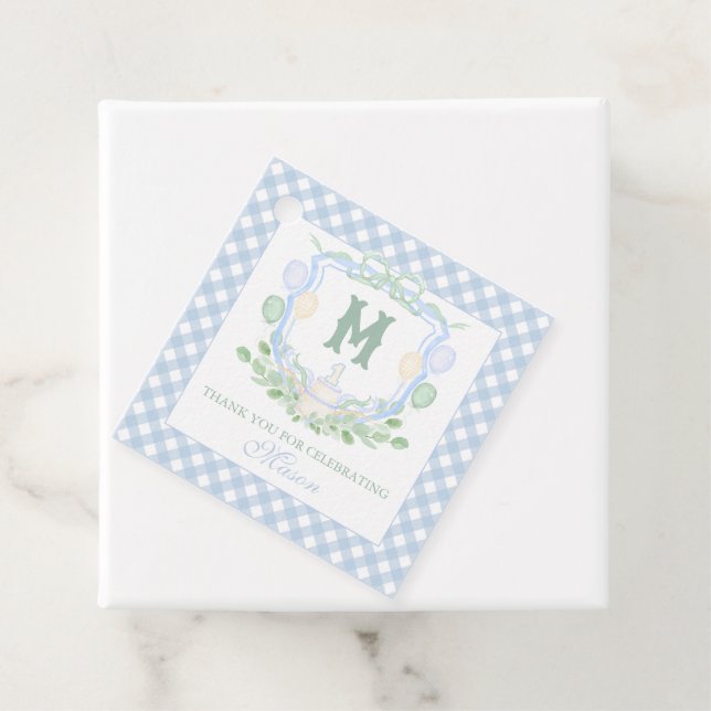Watercolor Blue 1st Birthday Monogram Crest Gift Geschenkanhänger (Beispiel)