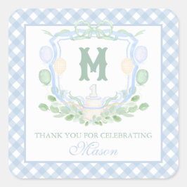 Watercolor Blue 1st Birthday Monogram Crest Gift Quadratischer Aufkleber