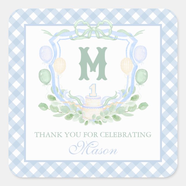 Watercolor Blue 1st Birthday Monogram Crest Gift Quadratischer Aufkleber (Vorderseite)