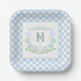 Watercolor Blue 1st Birthday Monogram Crest Party Pappteller