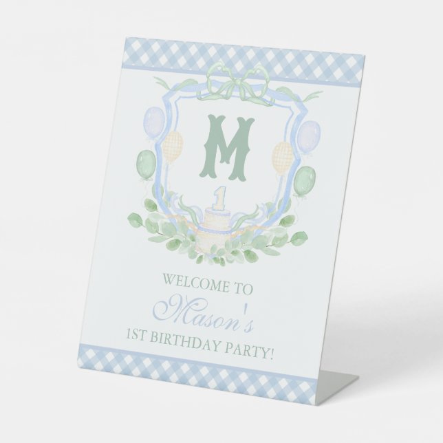 Watercolor Blue 1st Birthday Monogram Crest Party Sockelschild (Vorderseite)