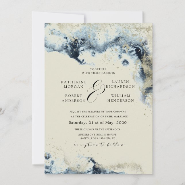Watercolor Blue and Gold Minimalistische Hochzeit Einladung (Vorderseite)