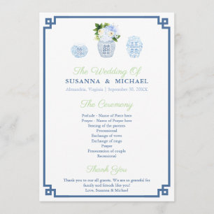 Watercolor Blue and White Ginger Jar Wedding Programm