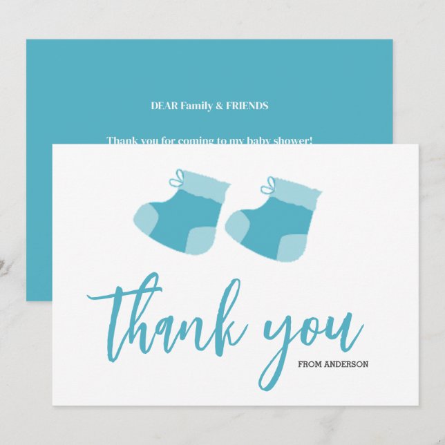 Watercolor Blue Baby Boy Hinterns Babydusche Dankeskarte (Vorne/Hinten)