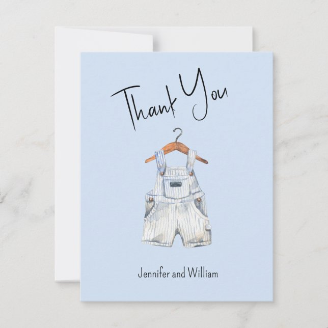 Watercolor Blue Baby Overalls Babydusche Dankeskarte (Vorderseite)