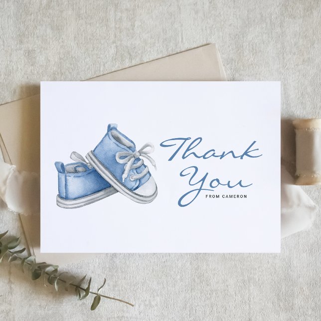 Watercolor Blue Baby Shoes Babydusche Dankeskarte (Von Creator hochgeladen)