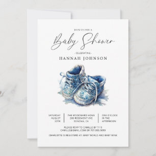 Watercolor Blue Baby Shoes Boy Baby Shower Dusche Einladung