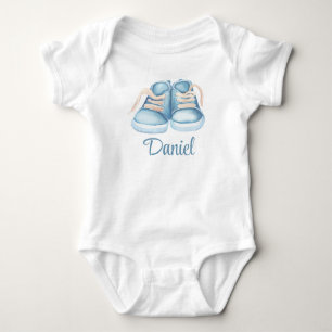 Watercolor Blue Baby Shoes Individuelle Name Strampler