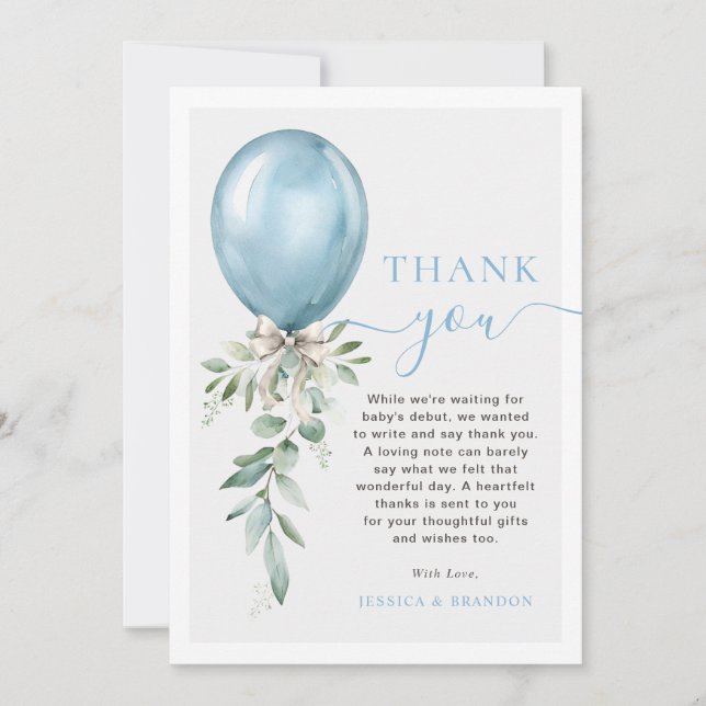 Watercolor Blue Balloon Bow Greenery Baby Shower Dankeskarte (Vorderseite)