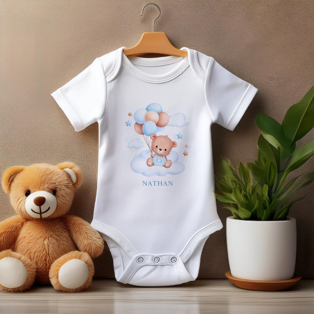 Watercolor Blue Balloon Teddy Bear Personalized Baby Strampler (Von Creator hochgeladen)