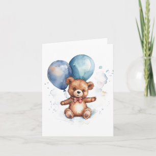 Watercolor Blue Balloons Brown Teddy Bear Karte