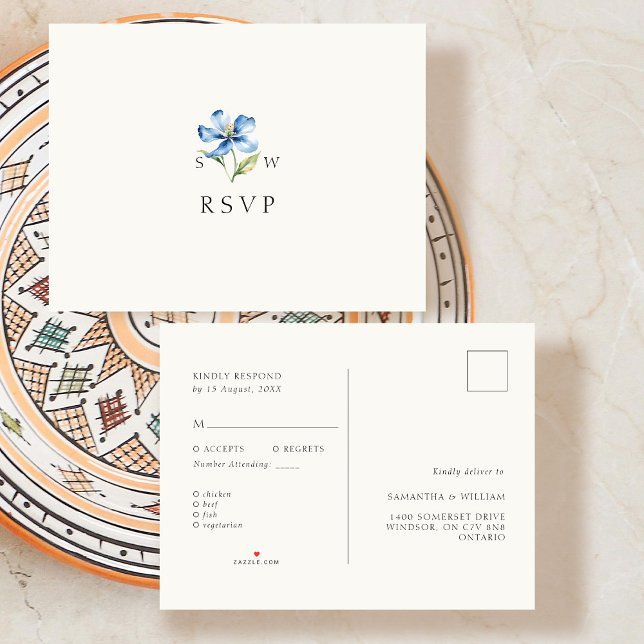 Watercolor Blue Blume Wedding RSVP Response Ankündigungspostkarte (Von Creator hochgeladen)