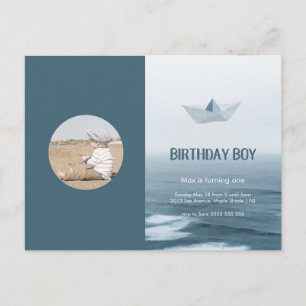 Watercolor Blue Boat Boat Boy Geburtstagsparty Einladungspostkarte