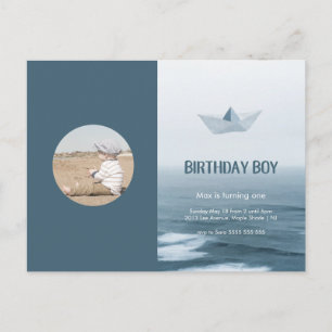 Watercolor Blue Boat Boy Geburtstagsparty Einladun Einladungspostkarte