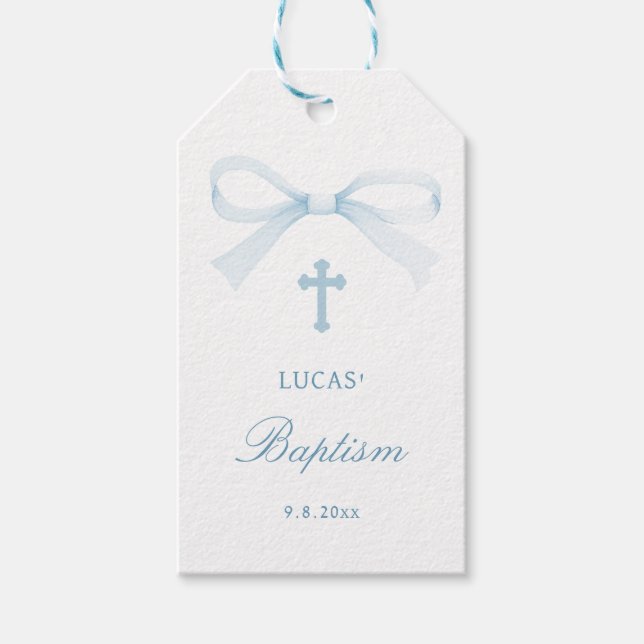 Watercolor Blue Bow Baptism Geschenkanhänger (Vorderseite)