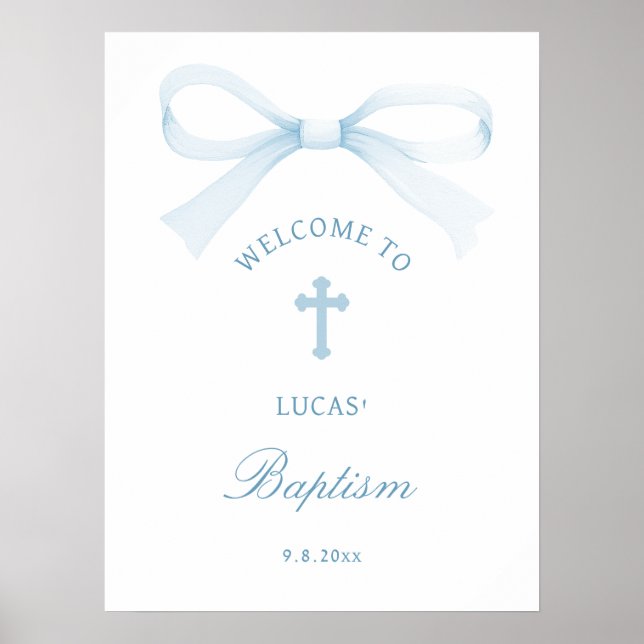 Watercolor Blue Bow Baptism Welcome Poster (Vorne)