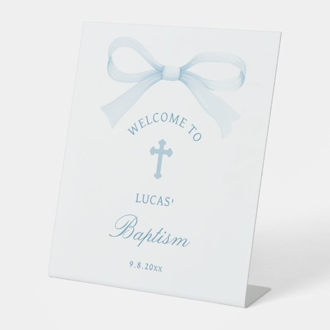 Watercolor Blue Bow Baptism Welcome Sockelschild (Vorderseite)